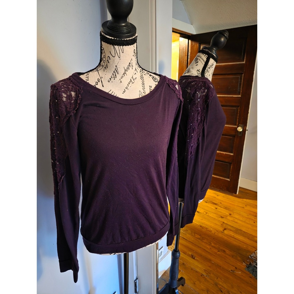 Jolt Womens Plum Purple Lace Sequin‎ Long Sleeve Top Size Medium Scoop Neck